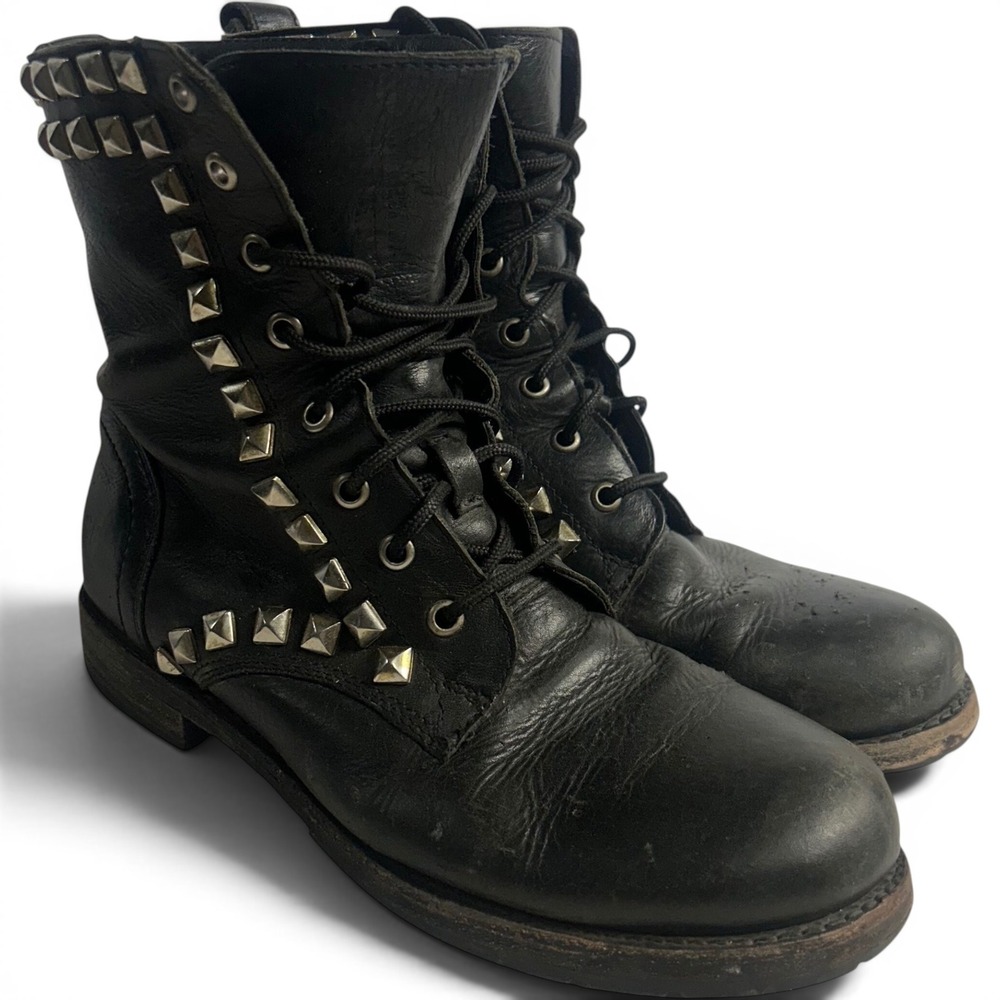 Frye Veronica Combat Boots Black Womens 9 Studded Leather Punk Goth Biker 7783